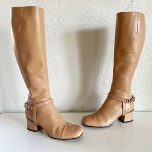 Gucci Beige Leather Knee High Boots GG Toe Chain Detail Size EU 37